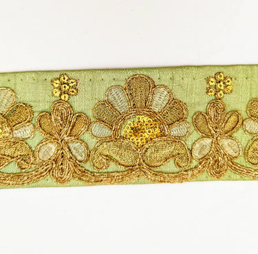 Green Art Silk Trim In Gold Floral Embroidery, Gold Embroidered Flowers Border, Floral Trim